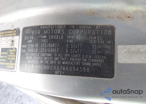 2006 Kia Sedona Ex/Lx from USA, damaged, VIN KNDMB233766094588